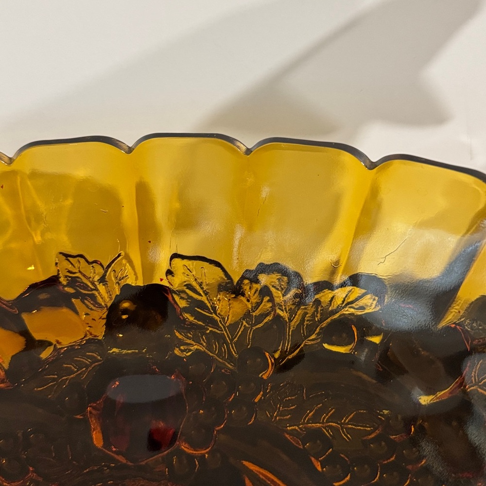 Vintage Indiana Glass Amber Carnival Glass Footed Fruit Bowl, Harvest Grape - Picture 6 of 8